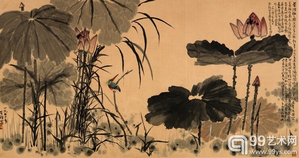 李苦禅《荷花翠鸟》 设色纸本