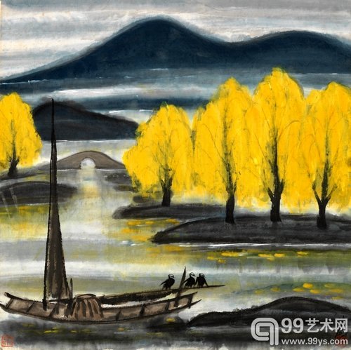 林风眠《柳溪息渔》 设色纸本68+68