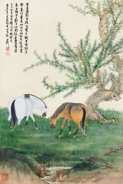 谢稚柳（1910-1997） 柳岸双骏图