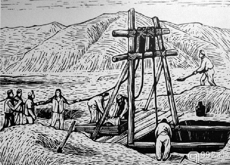 年代：1944 作者-戚单 作品：打水浇地 防旱备荒 