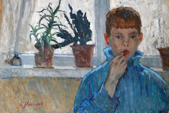马克西莫夫《窗前的阿廖沙》，现藏于境艺园俄罗斯油画画廊