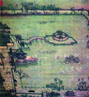 张葱玉从时代风格解读,认为天津艺术博物馆藏 南宋《金明池争标图》这件作品应为南宋时画院画家临仿张择端原作而来。