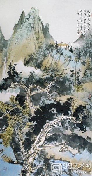 闫勇---西岭春云图68cm×140cm，纸本设色，2015年