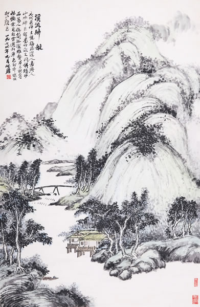 朱屺瞻 溪流归艇 设色纸本 镜片 122x74cm