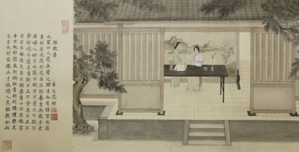 汤文思 女孝经图之胎教章 绢本工笔国画人物 60x30cm