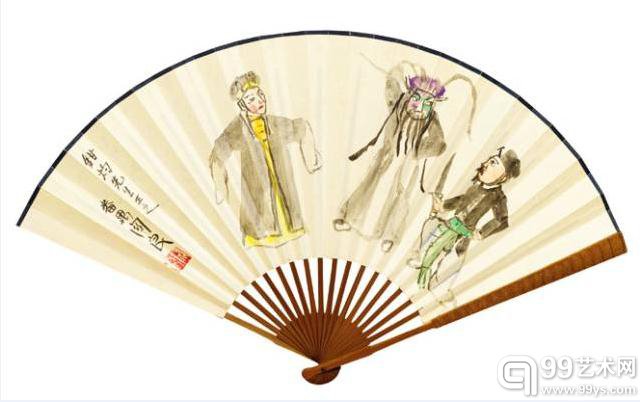 关良《戏曲人物》 成扇、设色纸本 18.5×50.5cm 1984年