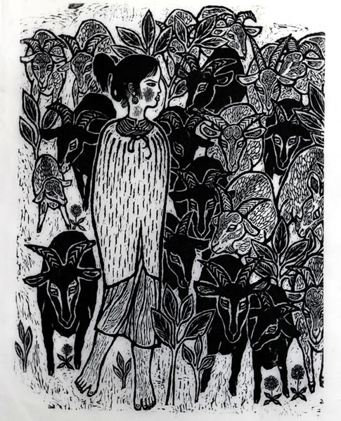 伴羊归 52x55cm 木刻 1980