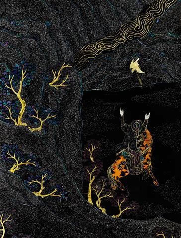 清康熙 黑漆嵌螺钿「皇家狩猎图」十二扇围屏（局部）