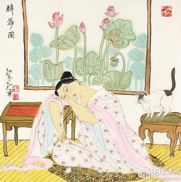 胡永凯  醉荷图  68cm×68cm