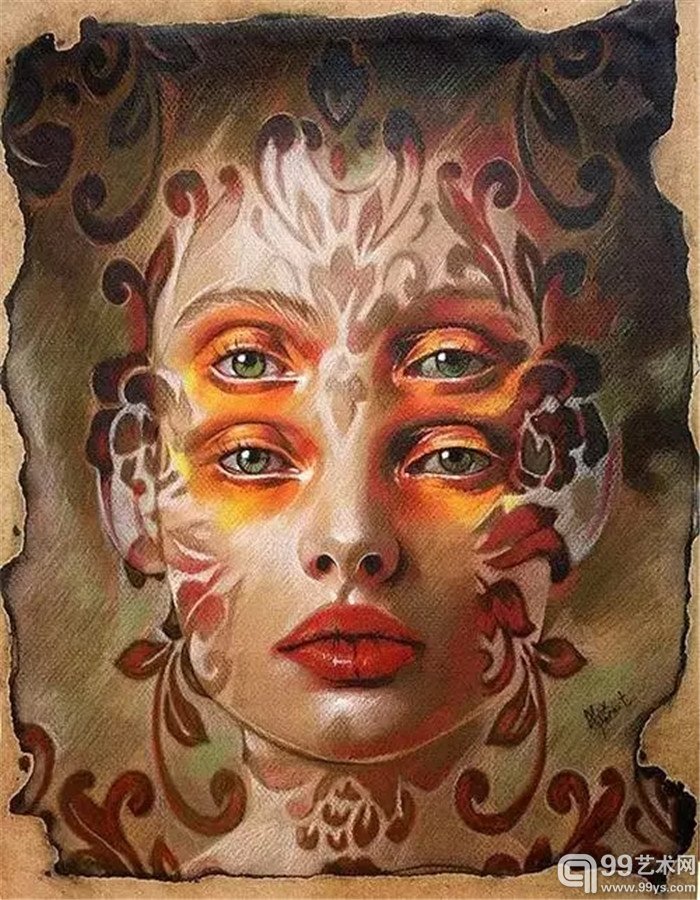 一副具有现实主义的画作,面部装扮了很多的眼睛,就是这种面部特征的重复给人的感觉就象是图像在你眼前晃动。效果是如此的令人眼花缭乱,但却创意非凡。
