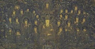 明洪武 绀纸金泥描「南赡部洲」佛说法图