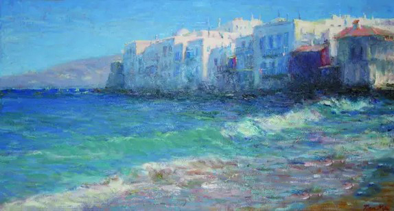 《B6声-希腊岛国风情系列5》，布面油画，40x85cm，2001年。