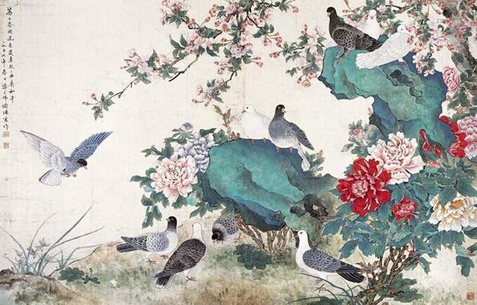 牡丹鸽子( 陈之佛)