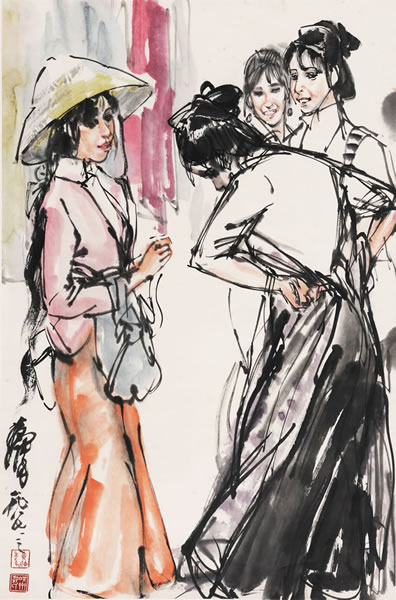 144 黄 胄  试花布 立轴 设色纸本 1987年作 69×45 cm  约2.8 平尺 RMB: 1,000,000-1,500,000 著录：《黄胄作品集附卷·收藏卷（下）》，第53页，河北教育出版社，2005年。
