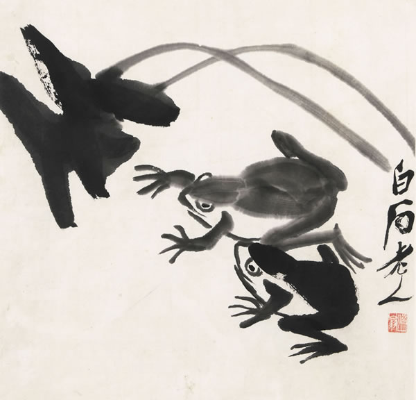 157 齐白石  蛙戏 镜心 水墨纸本 36×36 cm  约1.2 平尺 RMB: 300,000-400,000 说明：朵云轩旧藏。