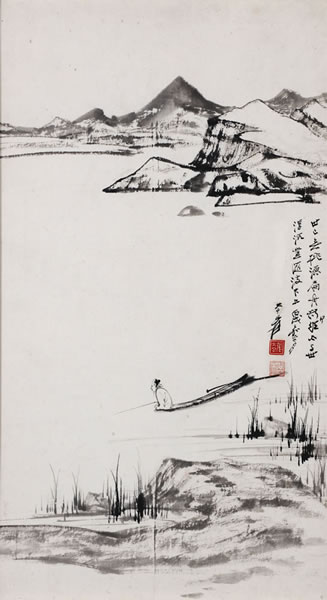 141 张大千  寒江独钓图 镜心 水墨纸本 1946年作 53×30 cm  约1.4 平尺 RMB: 300,000-400,000 说明：原台湾寄畅园张允中先生旧藏。为张大千贺寄畅园落成而作，一直挂于寄畅园走廊中。