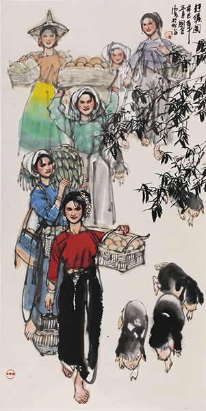 645 史国良  赶集图 立轴 设色纸本 2001年作 135×68 cm  约8.3 平尺 RMB: 900,000-1,200,000 说明：2015年8月作者本人鉴定为真迹。