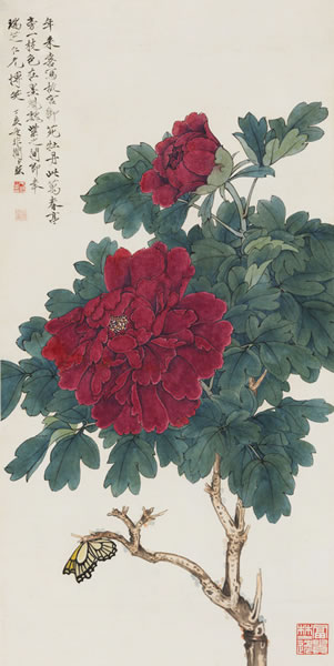于非闇 《御苑牡丹》 1947年作 尺寸：68×34cm 出版：《名家翰墨》第十八期，于非闇特集（香港，翰墨轩，二○一○年十一月再版本），封底及页14－15。