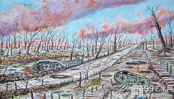 27岁的希特勒眼中，1916年一战时西部战线的景象（希特勒画作）。