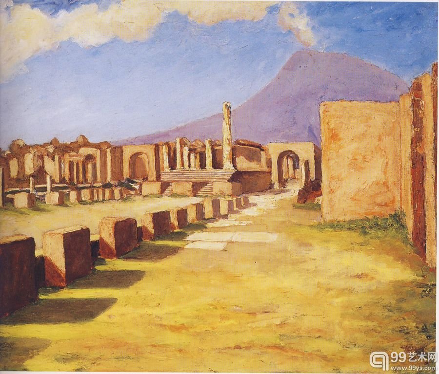 从庞贝古城看维苏威火山。（丘吉尔画作）