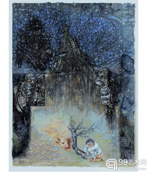 《仲夏夜之梦》 纸面综合材料 43.5x33.5cm 1991年