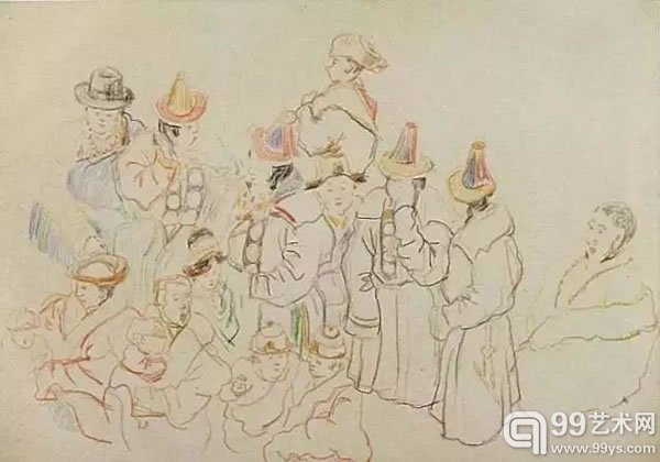 《蒙族民众群像》 纸本炭铅笔素描 24.9x35.4cm 1942年作
