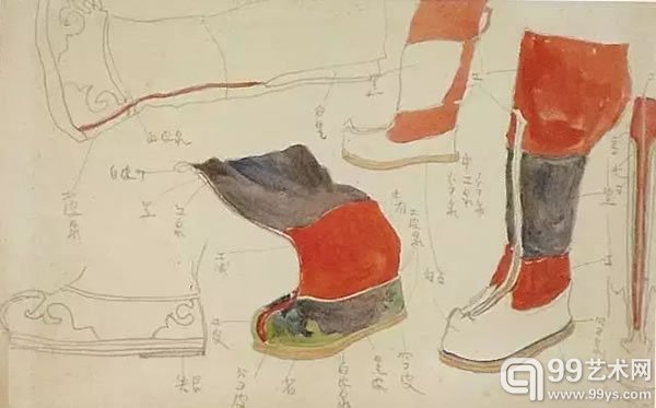《靴子颜色及装饰图案示意图》 纸本铅笔水彩画 20.4x31.7cm 1942年作