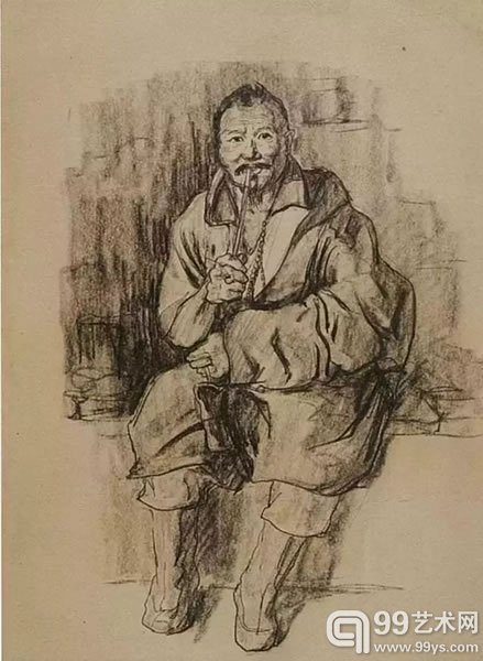 《青海塔尔寺吸烟袋的老喇嘛》 纸本炭铅笔素描 48.5x45.8cm 1942cm