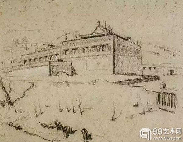 《青海塔尔寺的殿堂》 纸本炭铅笔素描 33.6x43cm 1942年作