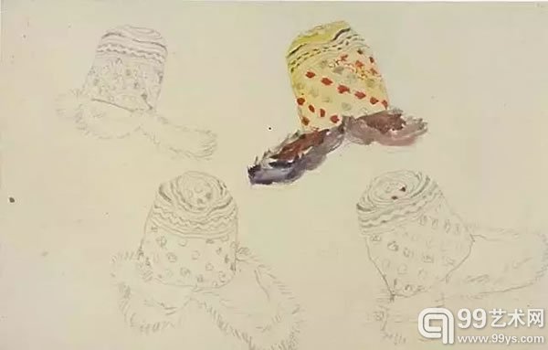 《帽子颜色及装饰图案示意图》 纸本铅笔水彩图 20.4x31.7cm 1942年作