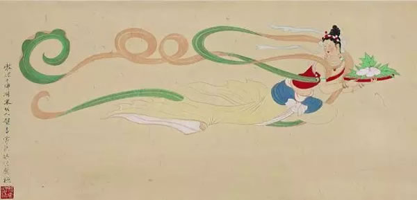 《敦煌壁画之飞天》 纸本彩绘壁画底稿 30x60cm 1941年作