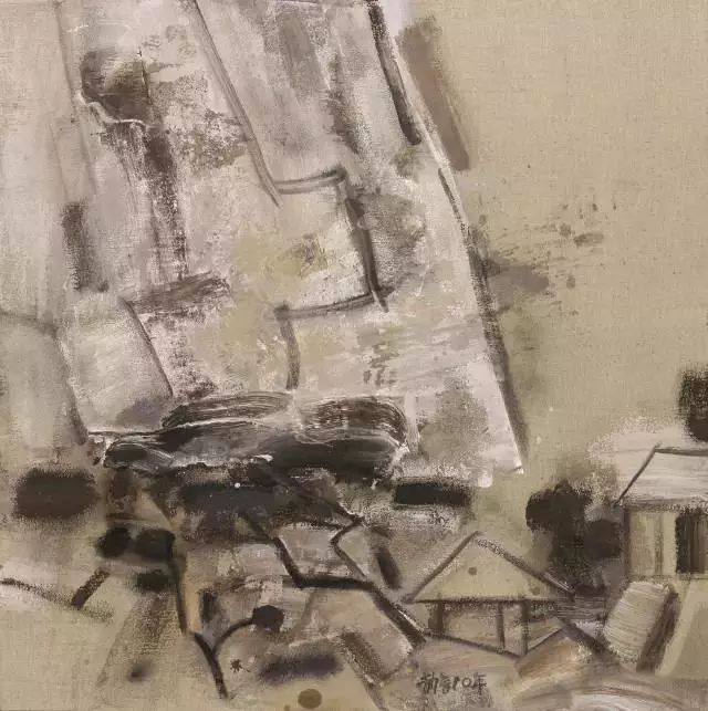 艺术家：王劼音 作品名称：摩崖精舍  尺寸：90x90cm  材质：布上丙烯、油彩 创造年代：2009年