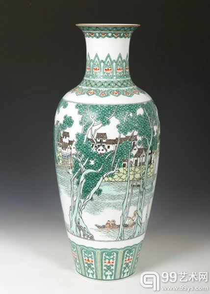 余仰贤古彩水乡山水瓶65x28cm