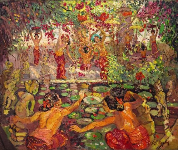 勒迈耶（Adrien-Jean Le Mayeur de Merprès；1880–1958）《荷花池畔九女子图》约 1948 年作，油画画布，100 x 120 公分 估价待询 