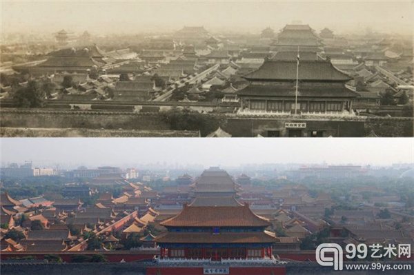故宫,自神武门向南的建筑群,基本没什么变化。老照片里“故宫博物院”自右向左读,由“故宫善后委员会”主任委员李煜瀛题写于1925年。如今,这几个字自左向右读,为郭沫若手书。老照片里,神武门上挂着北洋时期的五色旗。新照片里,故宫向南能看见人民大会堂、国博等建筑。
