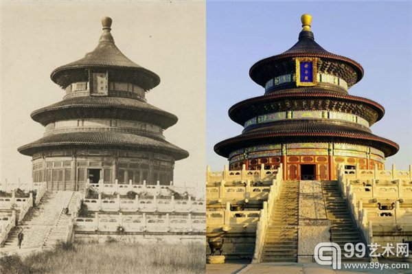 天坛祈年殿,老照片里祈年殿下荒草丛生,台阶和入门处都没有围栏,祈年殿匾额满汉文并列;新照片里,满文匾额不见了,台阶上下干干净净,入门处设置围栏。1935年,国民政府对祈年殿进行修缮时,把满文去掉了。满文匾额能否重回祈年殿?