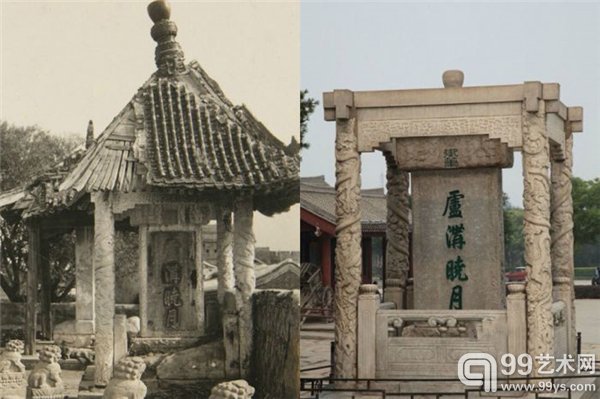 卢沟桥畔乾隆御书“卢沟晓月”碑。100年前的碑上方是有“屋顶”的,附近还卧着几头小狮子。