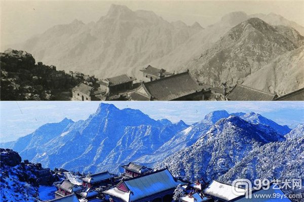泰山碧霞祠,这是道教著名女神碧霞元君的祖庭,建于1008年,1770重修,仔细看,两幅图中均能看见南门照壁上写有“万代瞻仰”四字。看这幅图,有没有“时间静止不动”的错觉?
