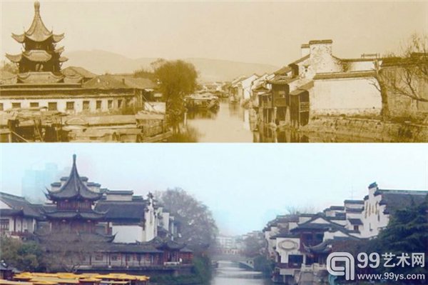南京,秦淮河畔夫子庙。老照片里一派安宁,新照片充满浓厚的商业气息。