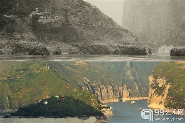 三峡夔门、白帝城。老照片里,白帝城雄踞瞿塘峡北岸,峡口的石头即著名的令人望而生畏的滟滪堆,这块大石头已于1958年炸除。新照片,三峡工程蓄水后,白帝城成为四面环水的孤岛。
