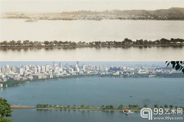 杭州西湖景区。横亘于湖中间的是苏堤。苏堤上的树木看不出什么变化,但是对岸的建筑群,真是今非昔比。