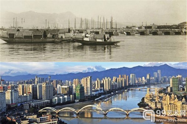 老照片为福州万寿桥,跨闽江两岸,始建于元朝,公元1303年。1930年,由日本人改建成水泥路面。1949年以后,为了纪念解放军冲过此桥追击南逃国民党军队,改名为“解放大桥”。新照片里的即是解放大桥,1996年重建,由万寿桥、中洲岛和江南桥三部分组成。