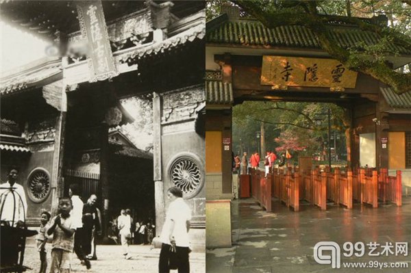杭州灵隐寺门前。灵隐寺山门的变化可谓天壤之别。从前的匾额上是“灵隐古刹”四个字,如今匾额上的“灵隐寺”三个字为江泽民所书。