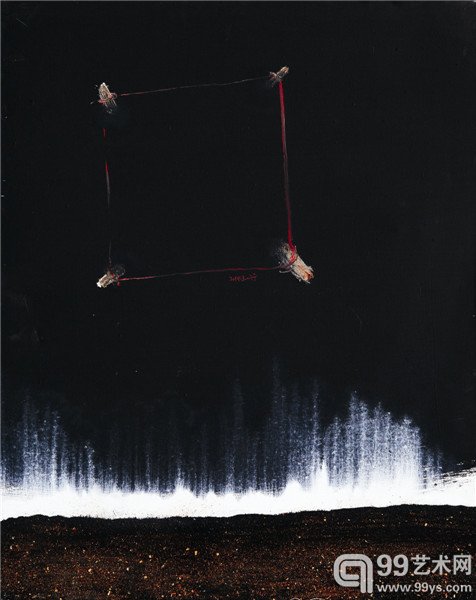 《四根用绳子连着的稻草在天上》80cm×100cm，布面油画，2014 年.