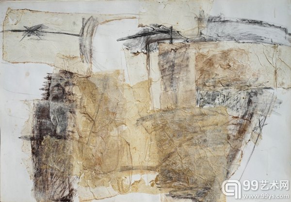 《汉马王堆服饰NO3》1989年，78.5x54.5cm纸上油彩、宣纸、木炭等