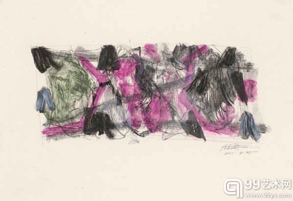《山水赋之十四》75x52cm  ，2015年，卡纸上色粉笔、水彩、铅笔及蜡纸拼贴等