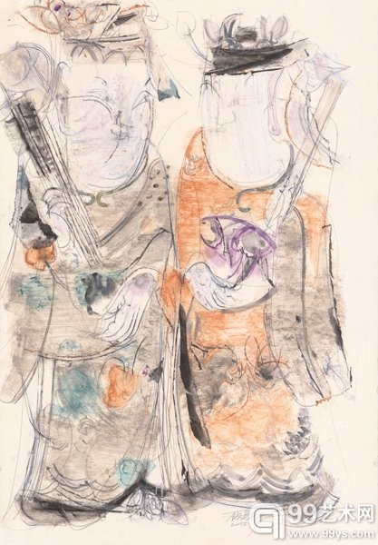《文武状元》75x46.5cm ，2015年，卡纸上色粉笔、水彩、铅笔及蜡纸拼贴等