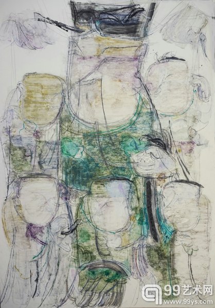 《五子灯》之二75x52cm  ，2015年，卡纸上色粉笔、水彩、铅笔及蜡纸拼贴等