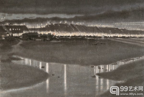 十三陵水库工地夜景 35×51cm纸本设色1958年