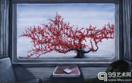 《车窗—红梅》布面油画 北京 69.4×118.5cm 1981